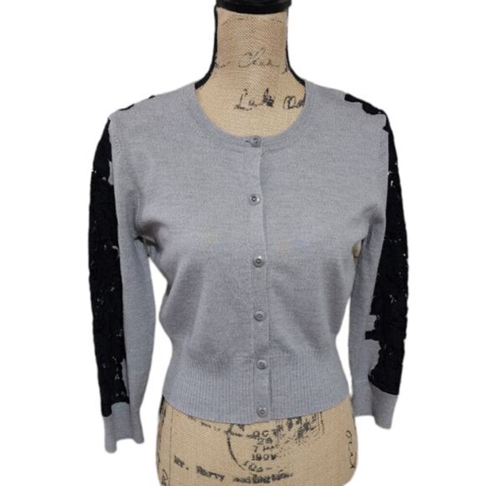 Diane Von Furstenberg Grey Wool 3/4 Sleeve Length Embroidered Cardigan sweater
